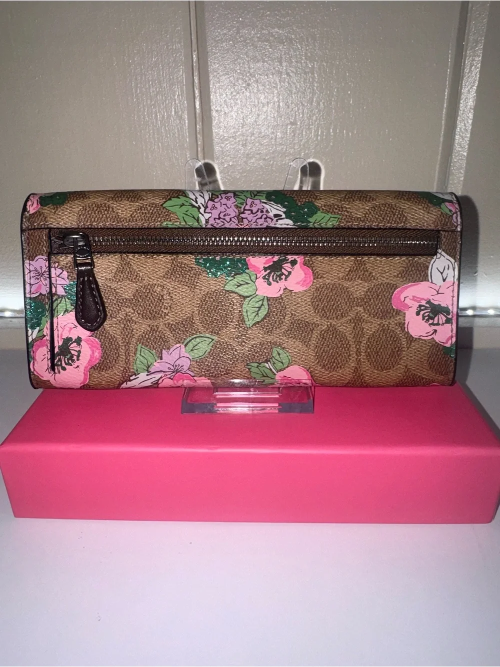 Like NEW & Rare Coach Brown Signature Floral Envelope Clutch with Pink Flowers